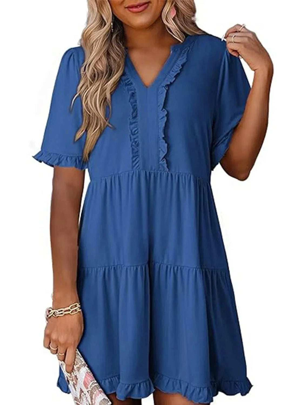 Tiered Notched Short Sleeve Mini Dress - Trendsi - Flyclothing LLC