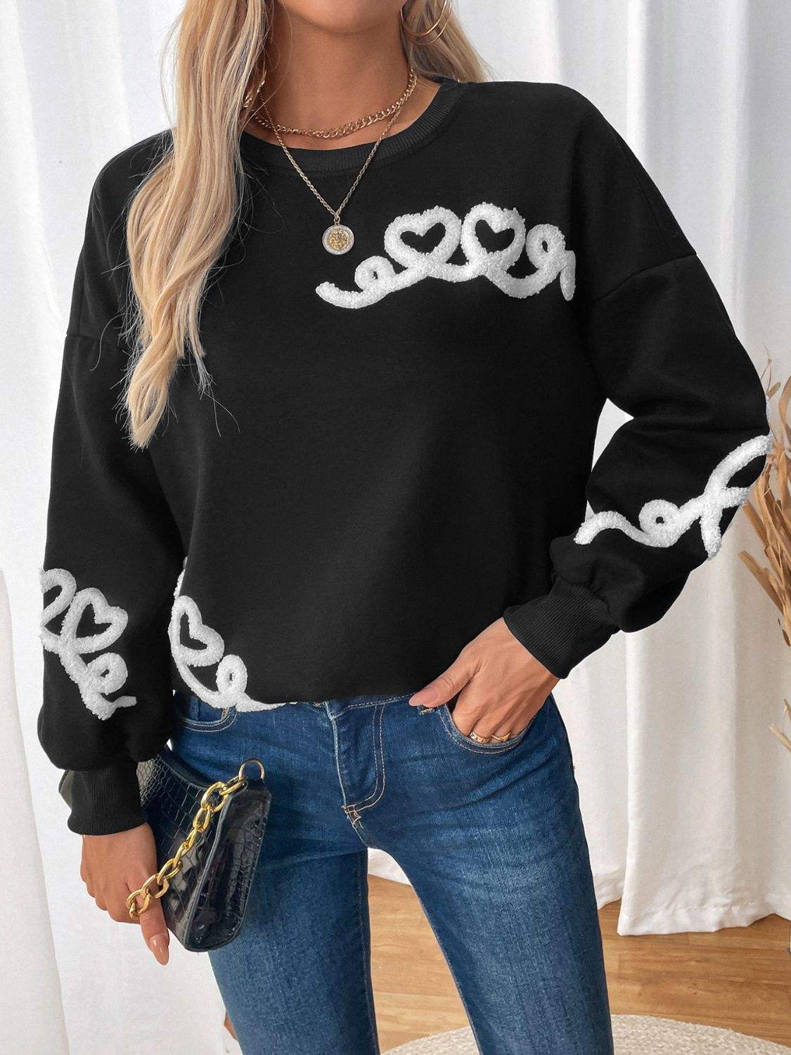 Perfee Heart Round Neck Long Sleeve Sweater - Trendsi - Flyclothing LLC