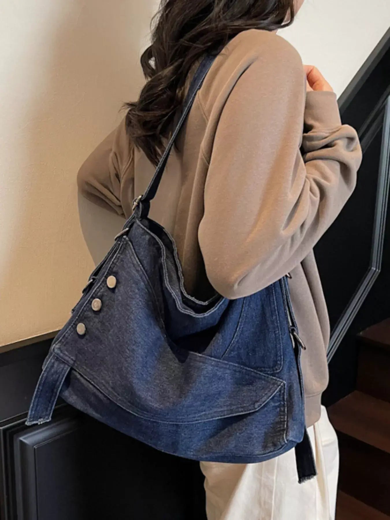 Casual Denim Crossbody Bag with Button Detail - Trendsi - Flyclothing LLC