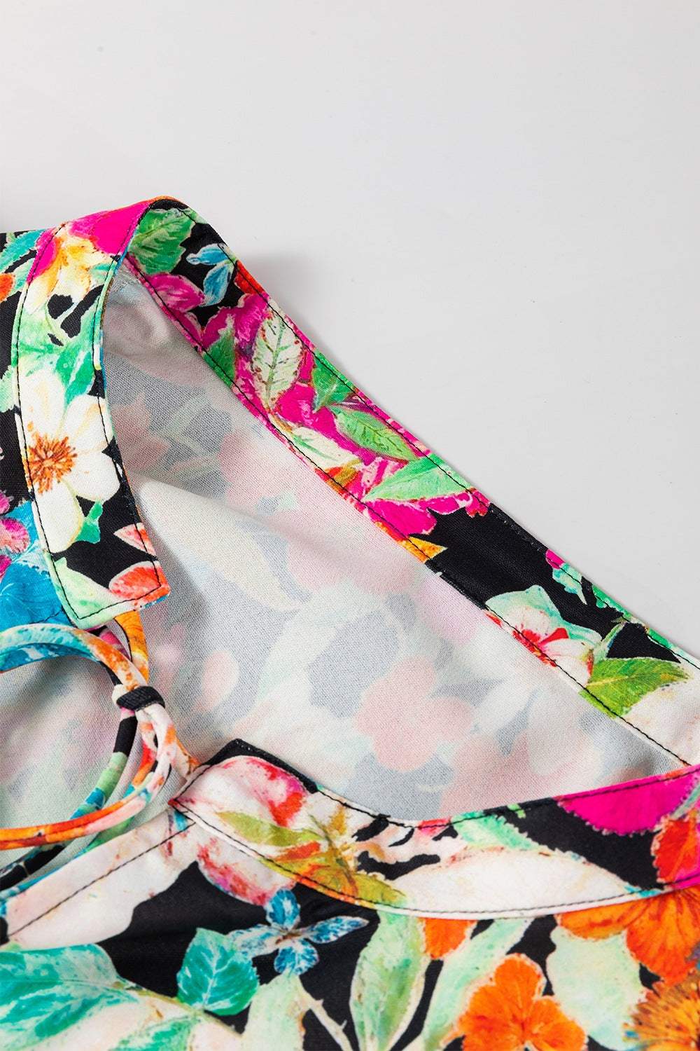 Floral Tie Neck Balloon Sleeve Blouse - Trendsi - Flyclothing LLC