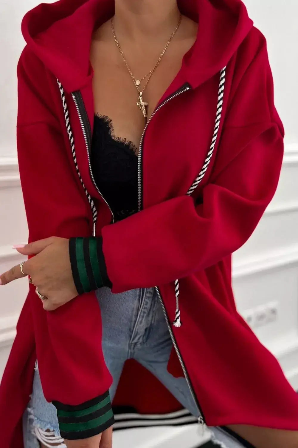 Contrast Cuffed Drop Shoulder Zip Up Hoodie - Trendsi - Flyclothing LLC