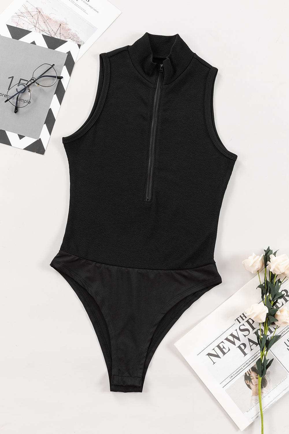 Zip Up Mock Neck Sleeveless Bodysuit - Trendsi - Flyclothing LLC