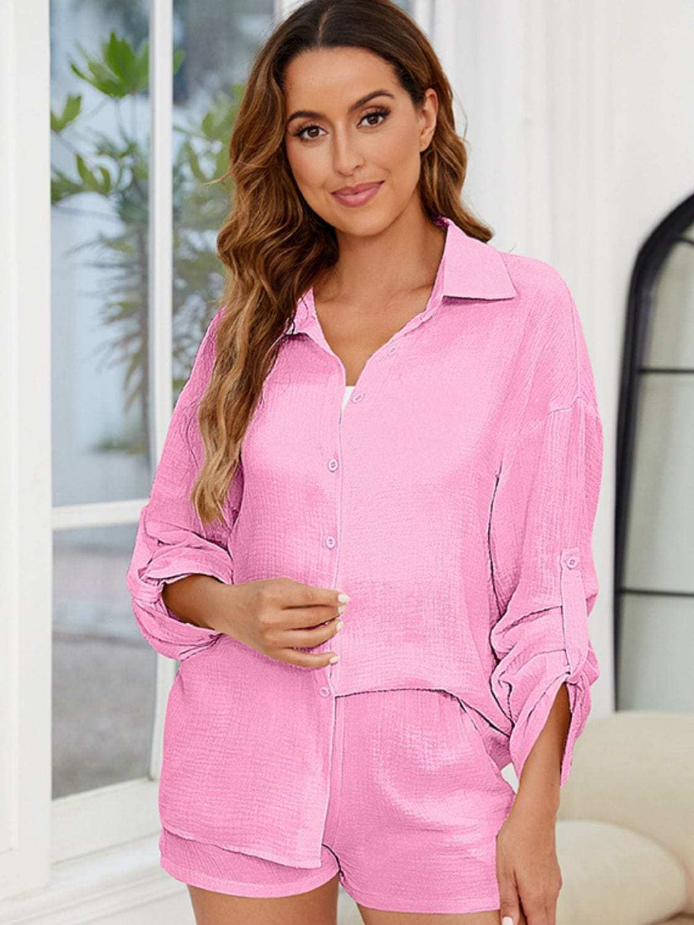 Button Up Long Sleeve Top and Shorts Set - Trendsi - Flyclothing LLC
