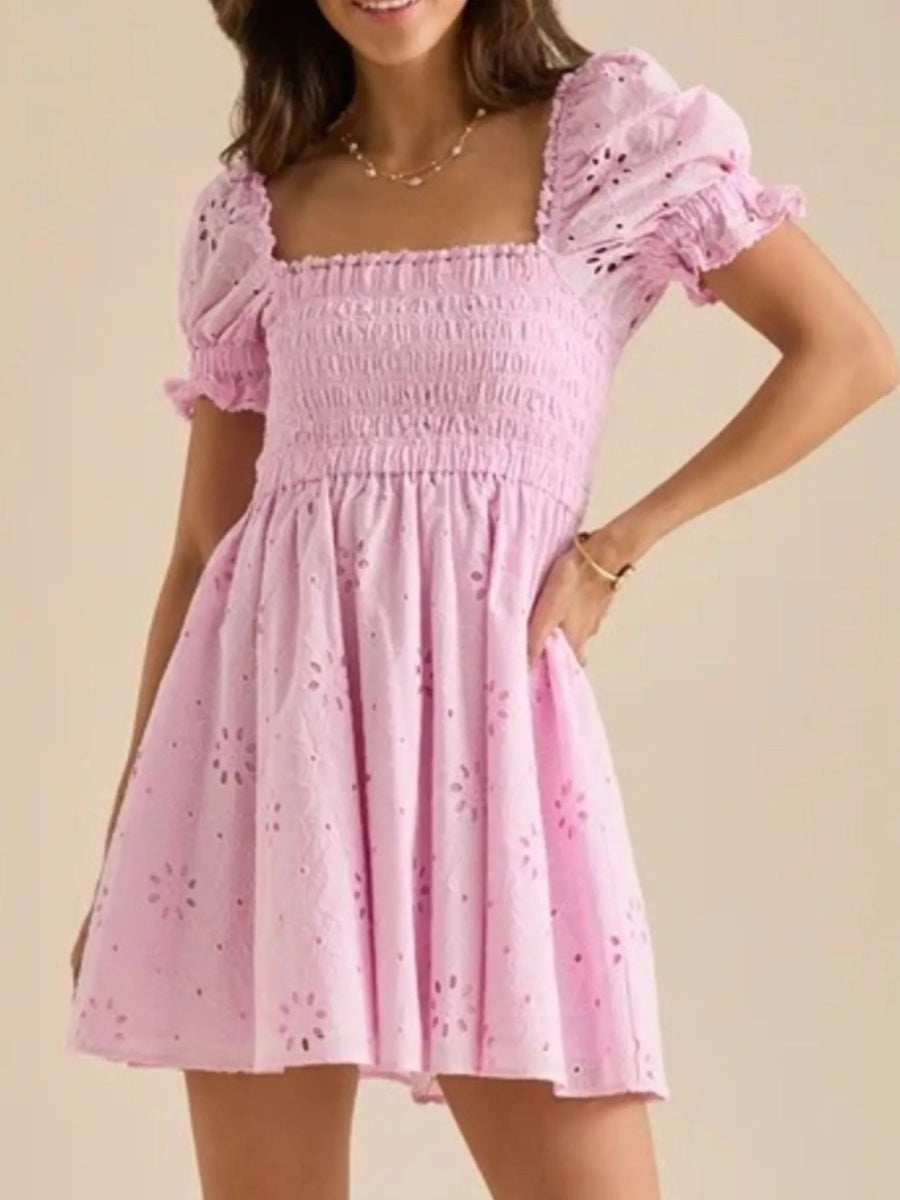 Eyelet Puff Sleeve Smocked Mini Dress - Trendsi - Flyclothing LLC