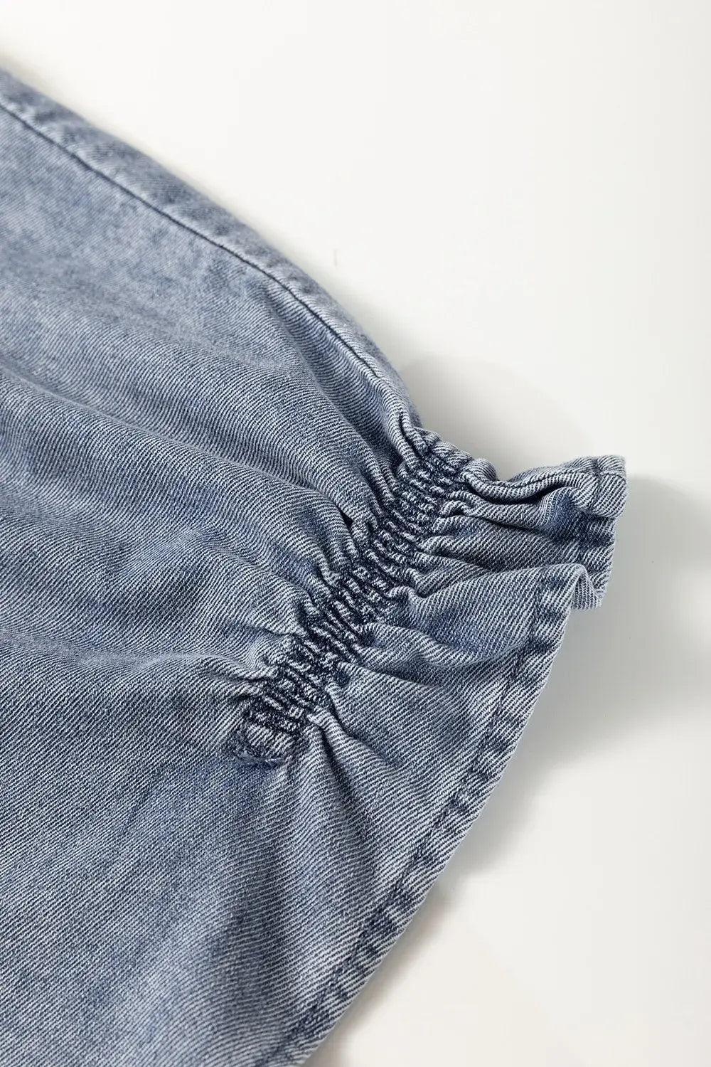 V Neck Ruffled Short Puff Sleeve Denim Top - Trendsi - Flyclothing LLC