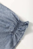 V Neck Ruffled Short Puff Sleeve Denim Top - Trendsi - Flyclothing LLC