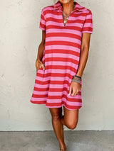 Striped Johnny Collar Short Sleeve Dress - Trendsi - Flyclothing LLC