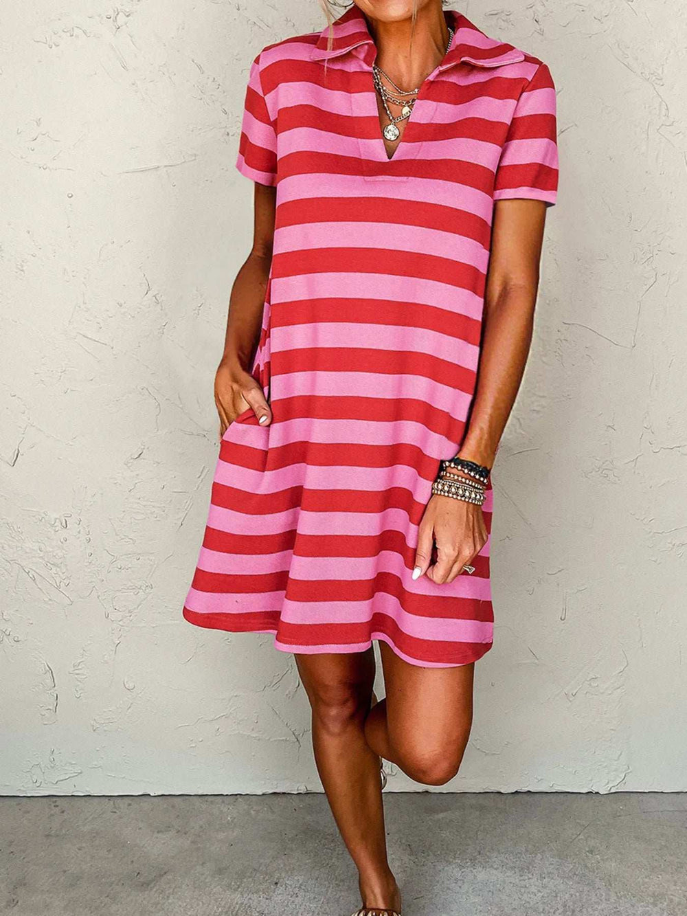 Striped Johnny Collar Short Sleeve Dress - Trendsi - Flyclothing LLC