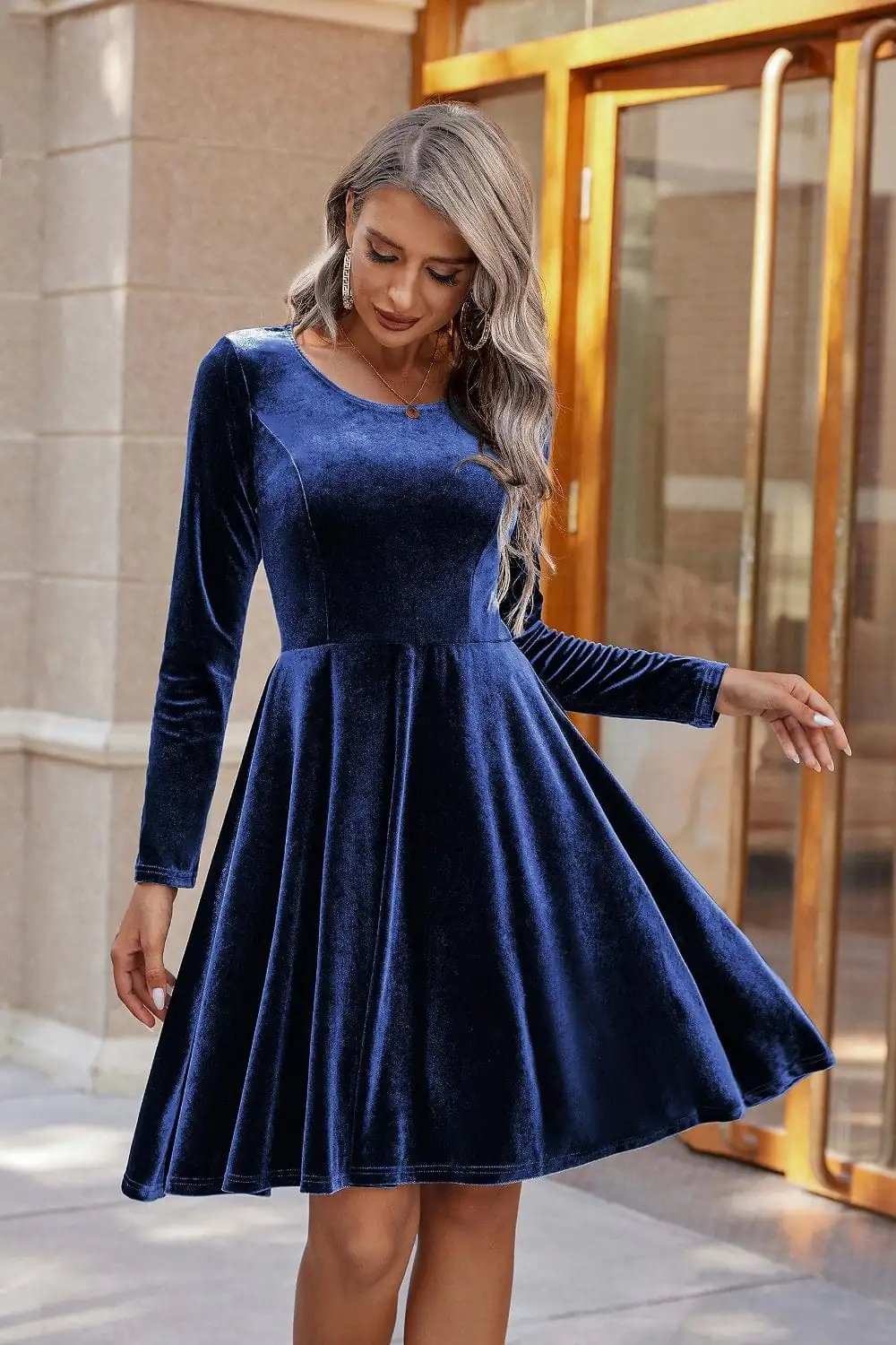 Round Neck Long Sleeve Knee Length Dress - Trendsi - Flyclothing LLC