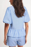 Striped Bowknot Detail Puff Sleeve Top and Shorts Set - Trendsi