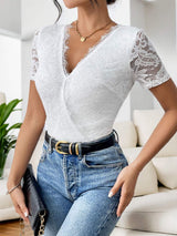Cutout V-Neck Short Sleeve Lace Bodysuit - Trendsi - Flyclothing LLC