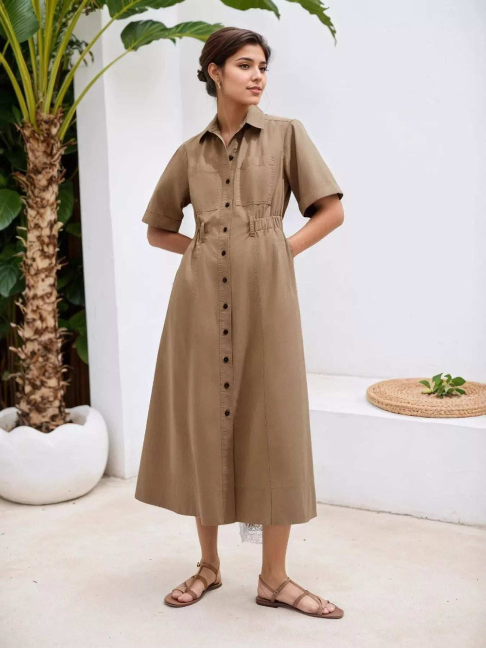 Button Front Short Sleeve Shirt Dress - Trendsi - Flyclothing LLC