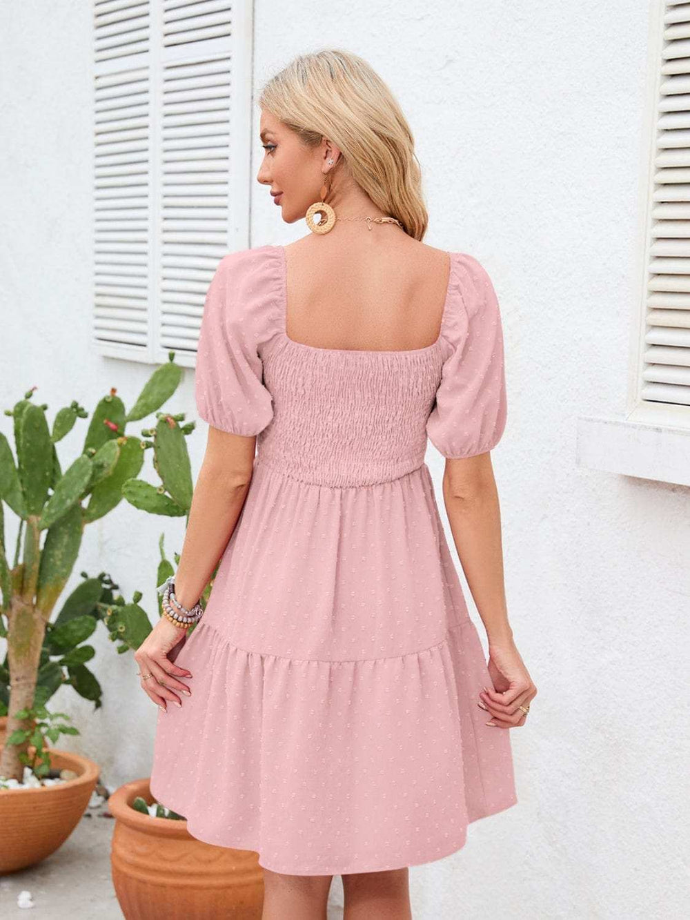 Swiss Dot Smocked Square Neck Dress - Trendsi - Flyclothing LLC