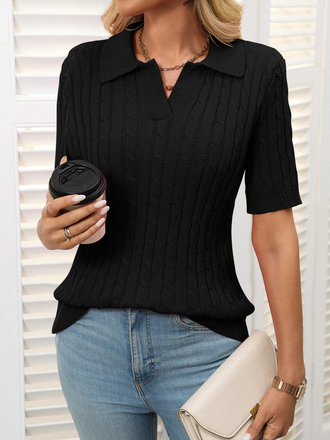 Mandy Cable Knit Johnny Collar Half Sleeve Sweater - Trendsi - Flyclothing LLC