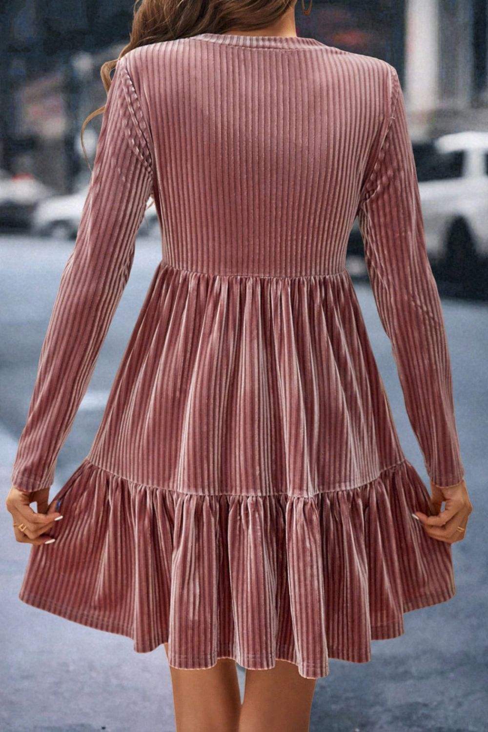 Ruffle Hem Round Neck Long Sleeve Dress - Trendsi - Flyclothing LLC