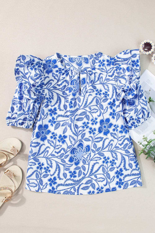 Printed Notched Half Sleeve Blouse - Trendsi - Flyclothing LLC