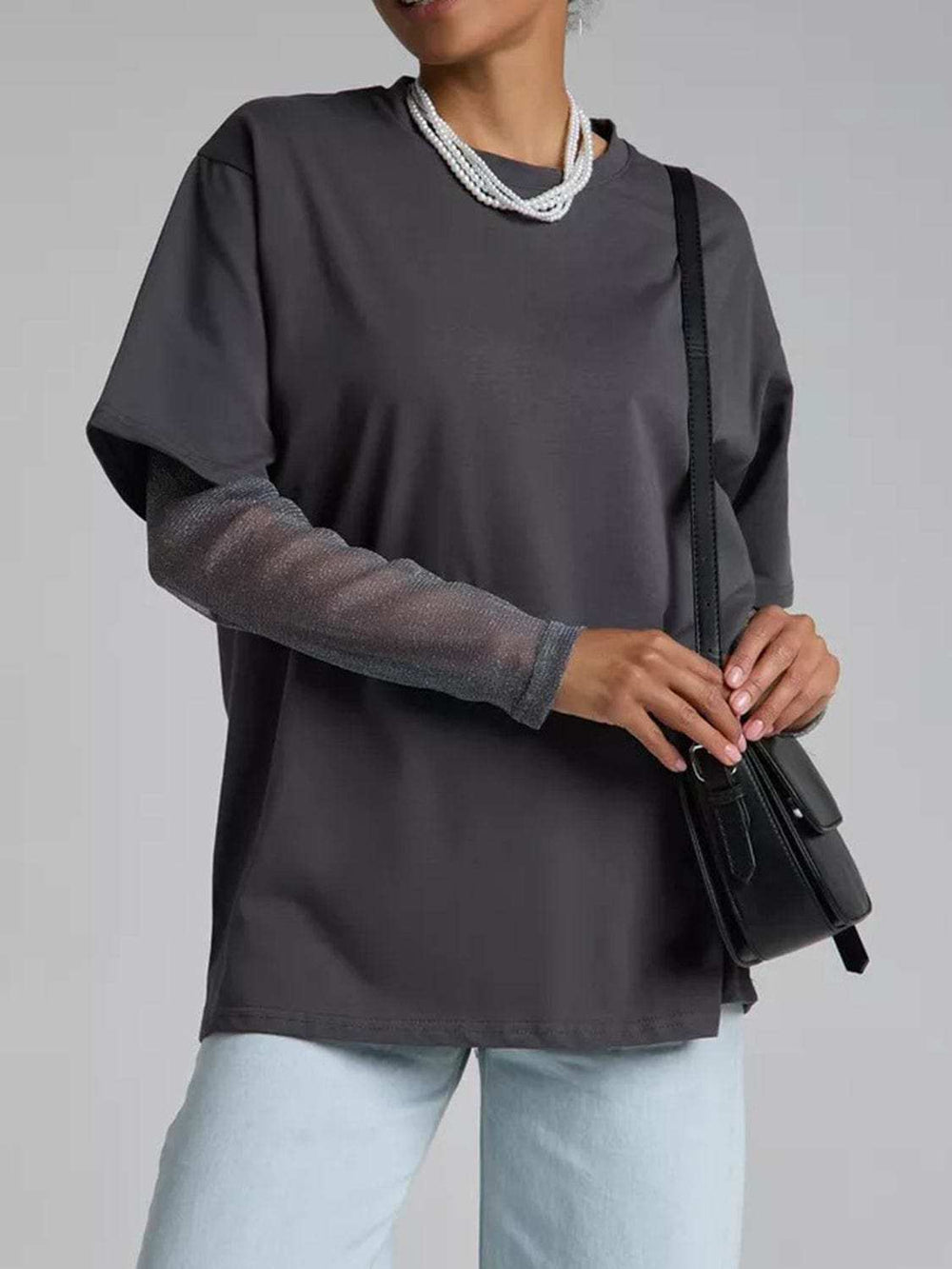 Faux Layered Round Neck Mesh Sleeve Top - Trendsi - Flyclothing LLC