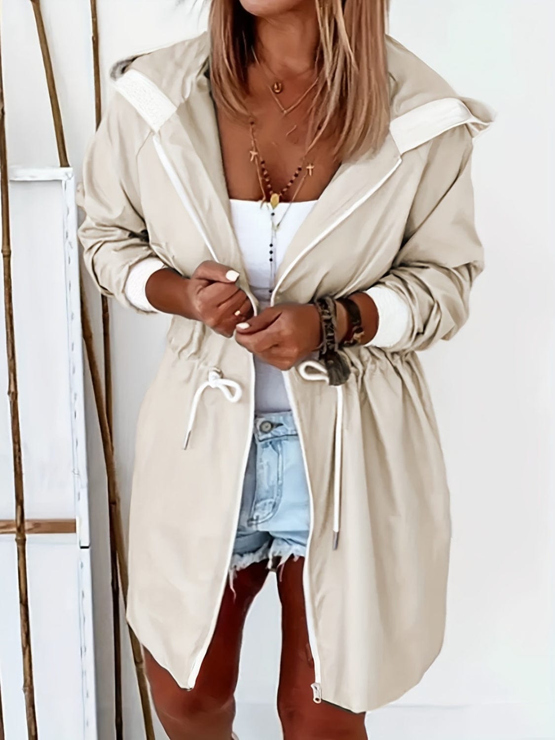 Drawstring Long Sleeve Hooded Trench Coat - Trendsi