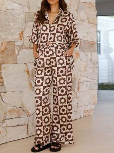 Printed Collared Neck Top and Pants Set - Trendsi - Flyclothing LLC