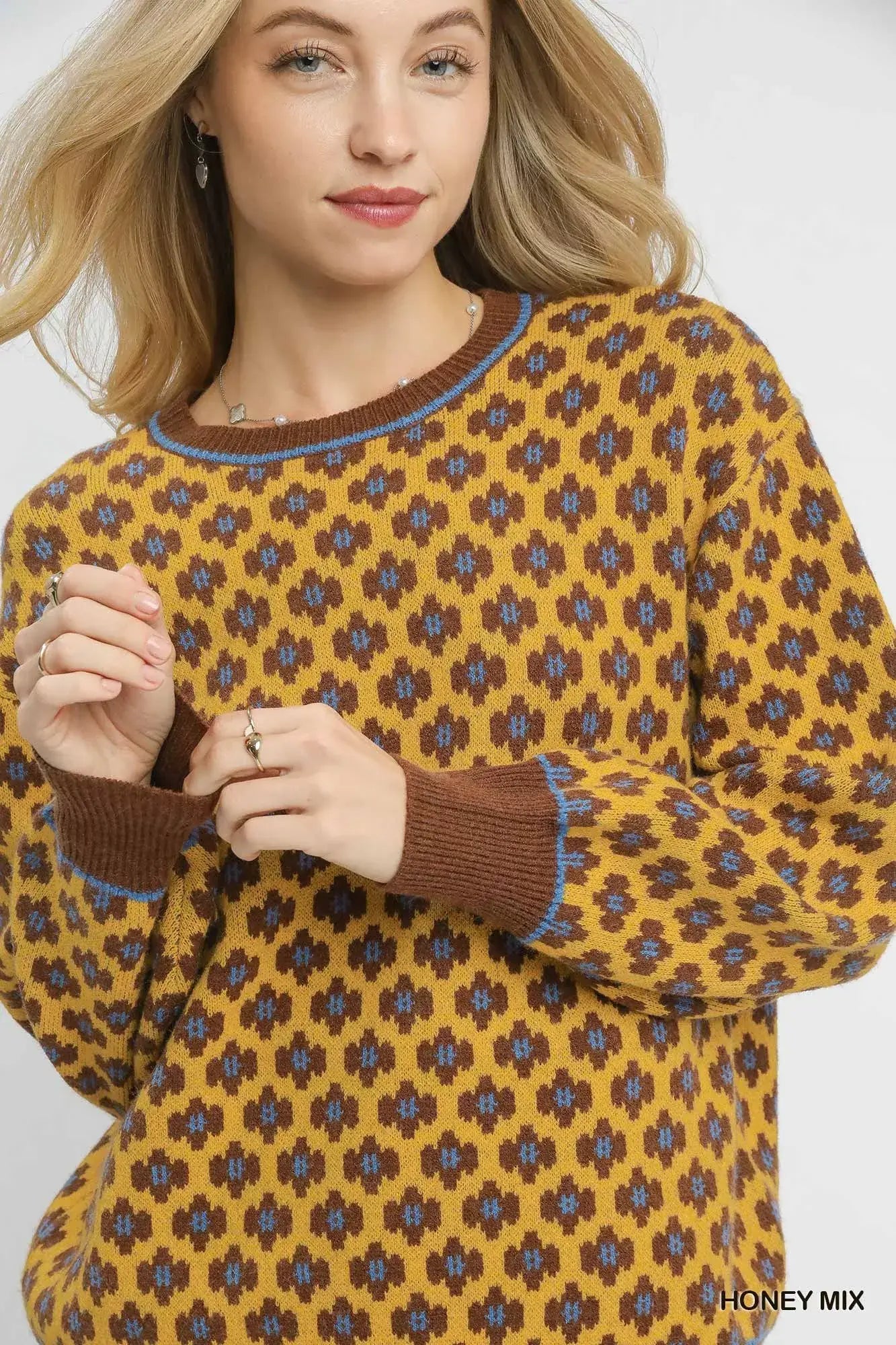 Umgee Abstract Print Crew Neck Sweater - Trendsi - Flyclothing LLC