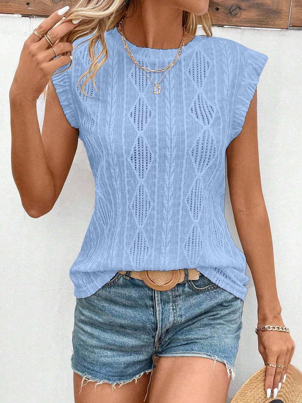 Openwork Round Neck Cap Sleeve Top - Trendsi - Flyclothing LLC