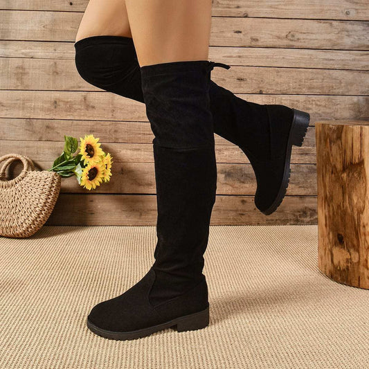 Round Toe Suede Low Heel Boots - Trendsi - Flyclothing LLC