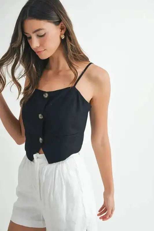 MABLE Linen Mix Button Down Tank Top - Trendsi - Flyclothing LLC
