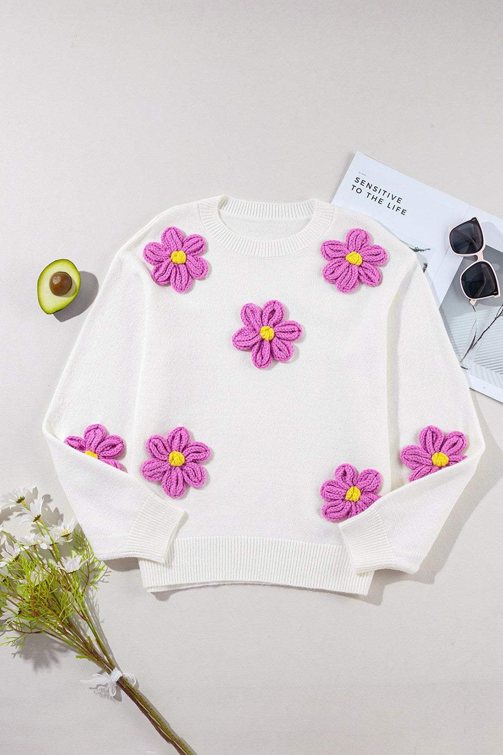 Crochet Flower Round Neck Long Sleeve Sweater - Trendsi - Flyclothing LLC