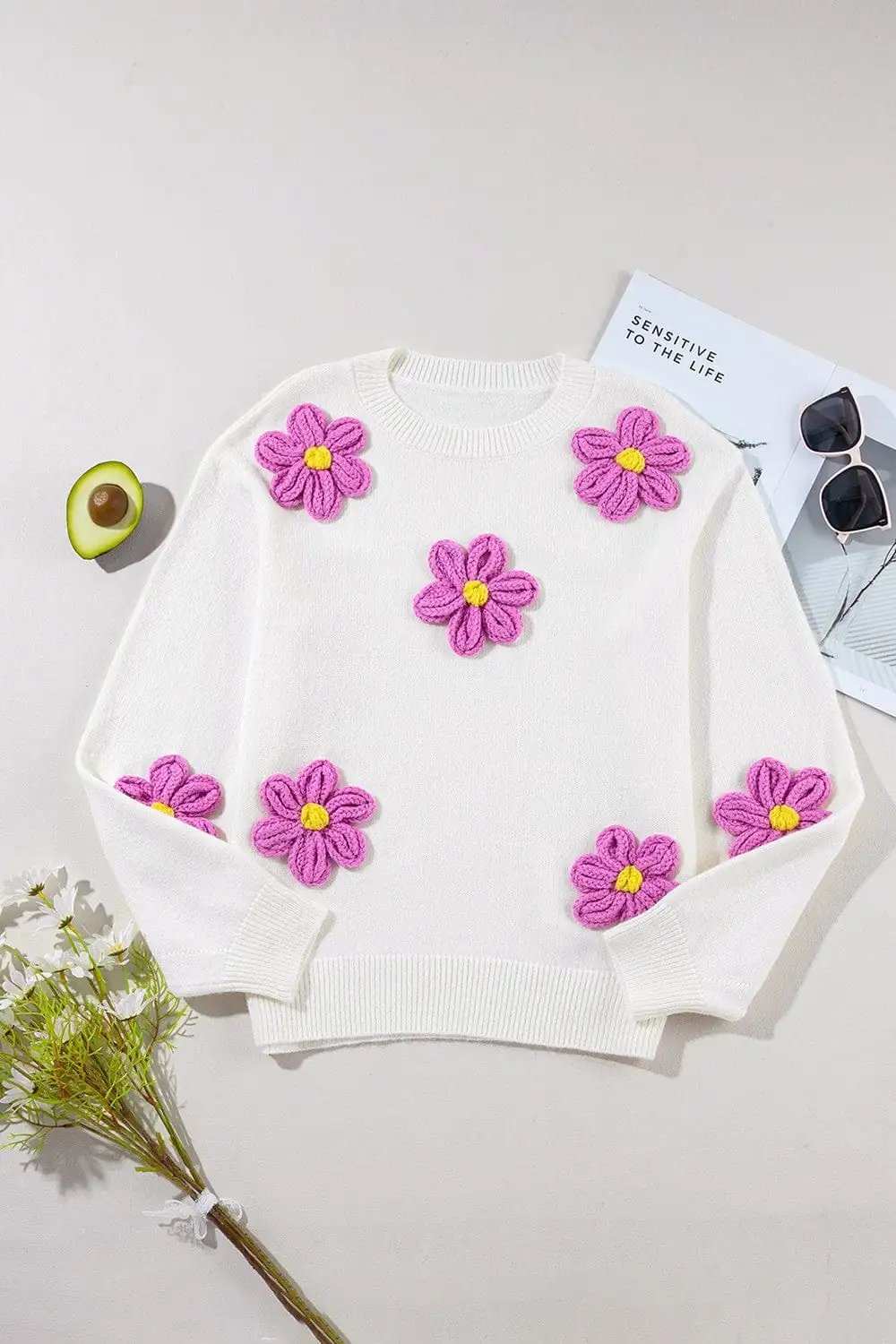 Crochet Flower Round Neck Long Sleeve Sweater - Trendsi - Flyclothing LLC