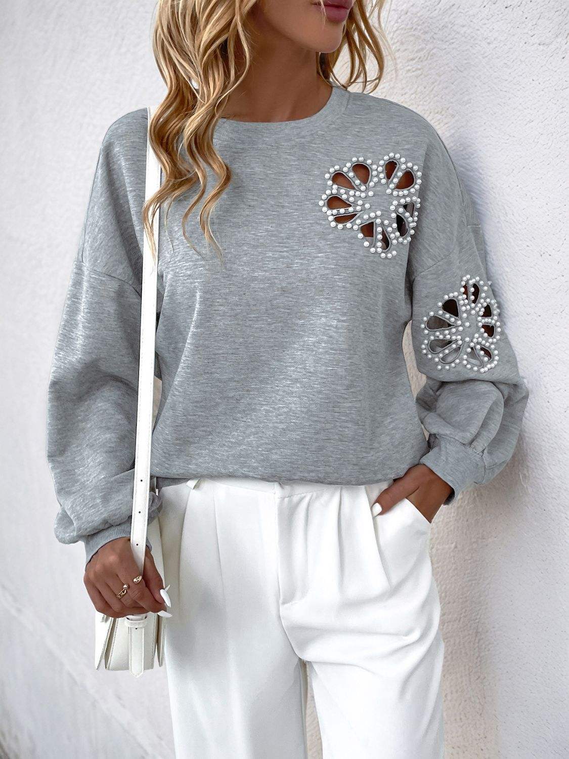 Perfee Cutout Pearl Round Neck Long Sleeve Sweatshirt - Trendsi - Flyclothing LLC