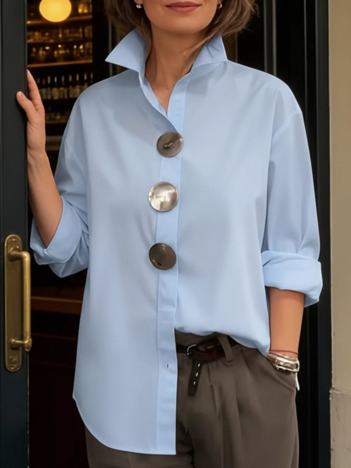 Full Size Oversized Metal Button Long Sleeve Shirt Plus Size - Trendsi - Flyclothing LLC