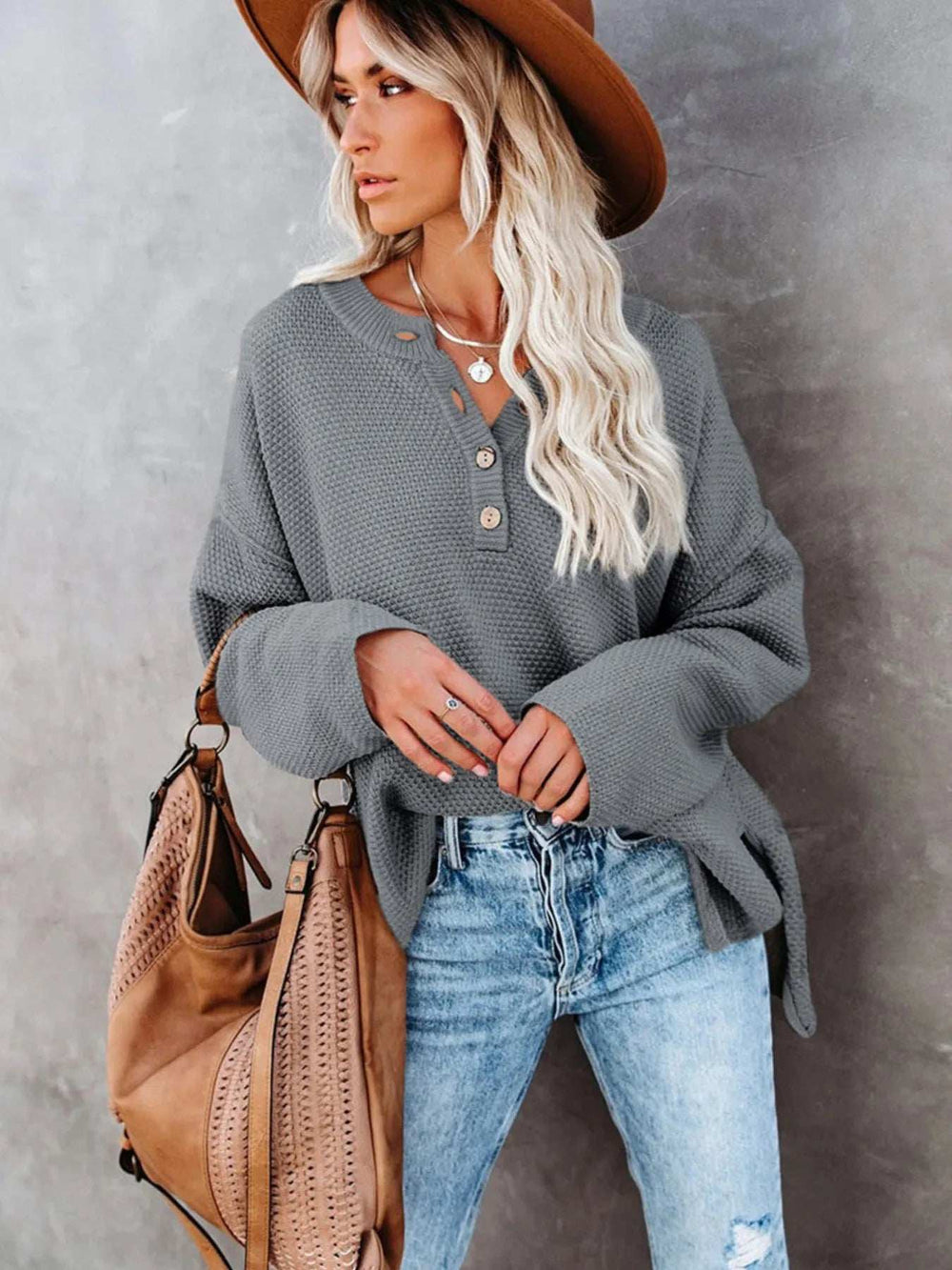 Button Detail Long Sleeve Knit Top - Trendsi - Flyclothing LLC