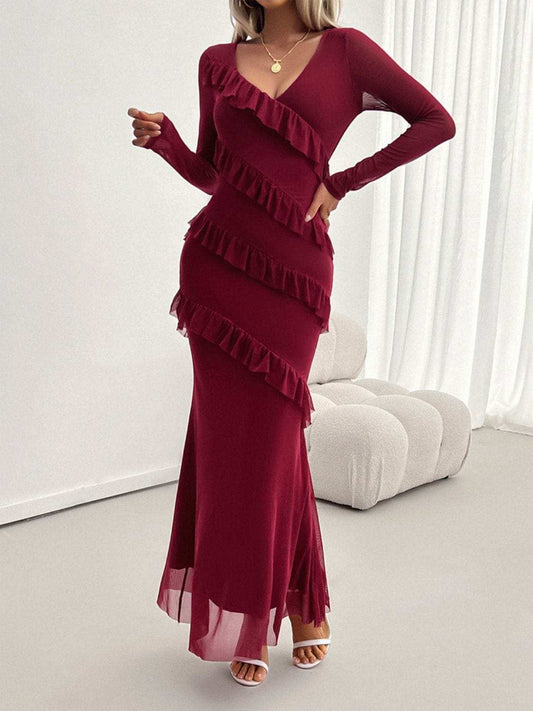 Devine Ruffled Surplice Long Sleeve Maxi Dress - Trendsi - Flyclothing LLC