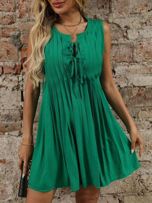 Tied Front Pleated Sleeveless Mini Dress - Trendsi - Flyclothing LLC