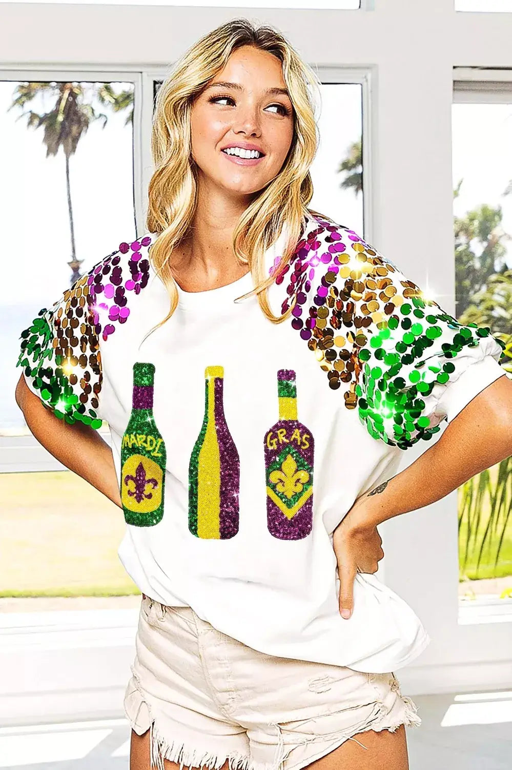 BiBi Sequin Mardi Gras Bottles Spangled Sleeve Top - Trendsi - Flyclothing LLC