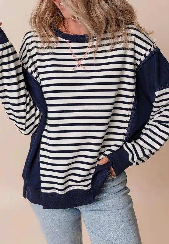 Exposed Seam Striped Long Sleeve Sweatshirt - Trendsi - Flyclothing LLC