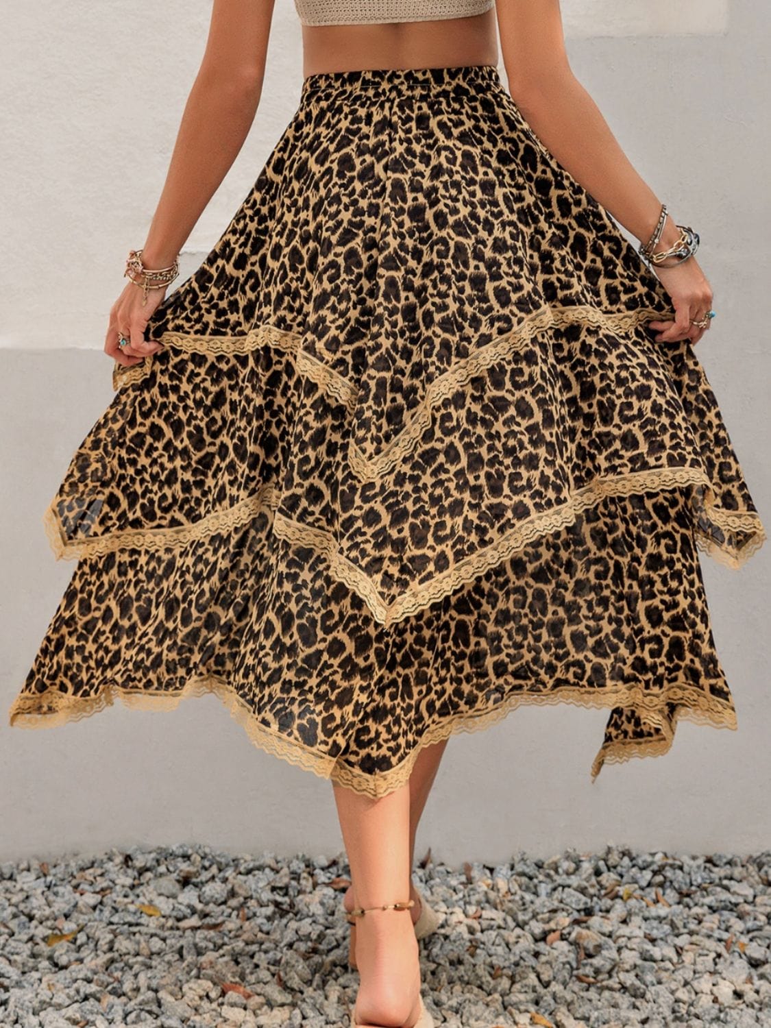 Lace Detail Layered Printed Skirt - Trendsi