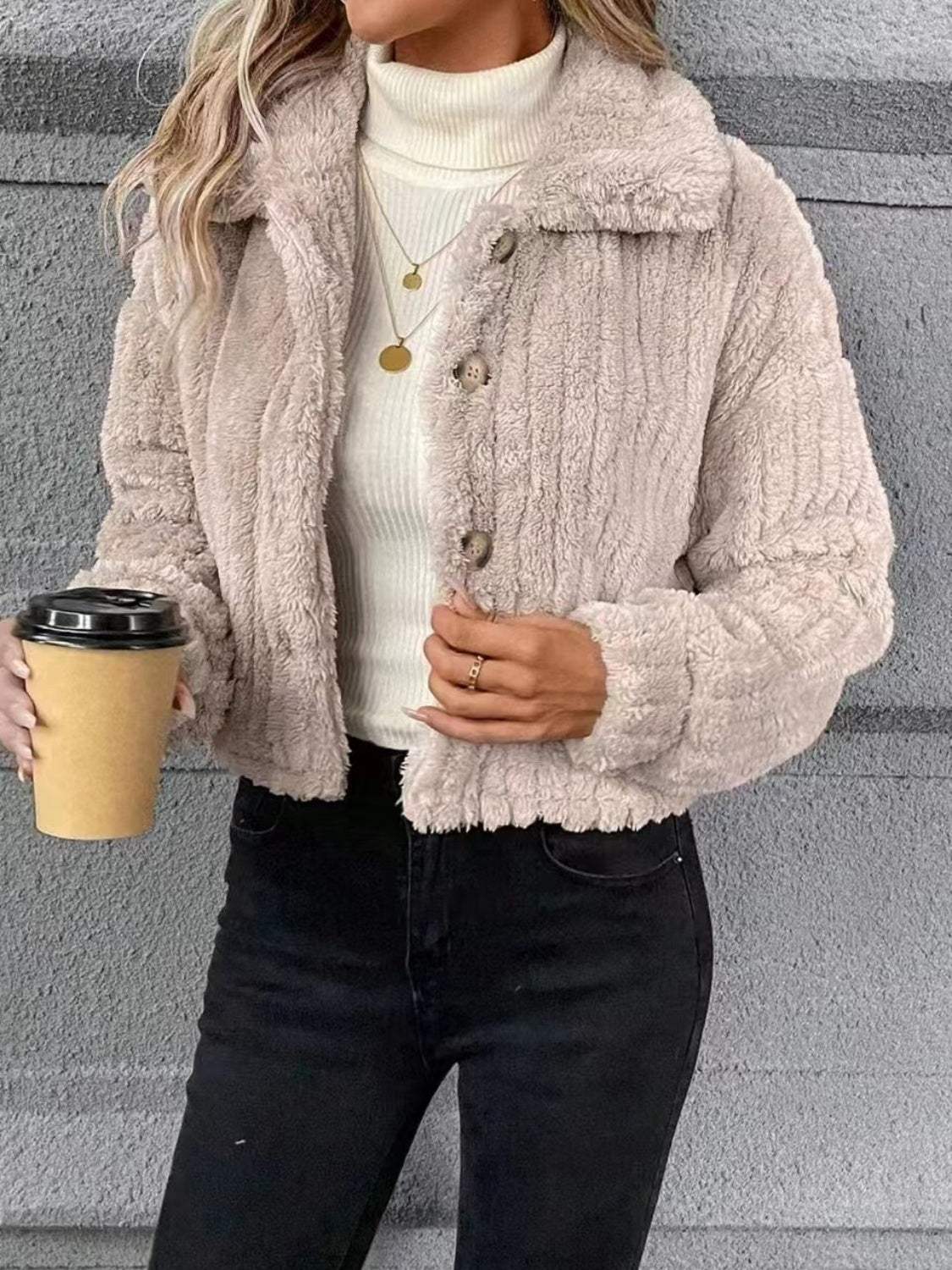 Button Up Long Sleeve Fuzzy Outerwear - Trendsi - Flyclothing LLC