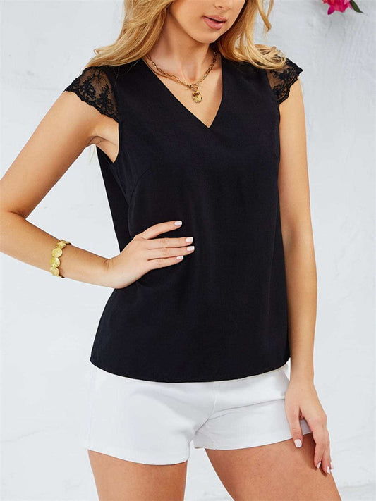 Lace Detail V-Neck Cap Sleeve T-Shirt - Trendsi - Flyclothing LLC