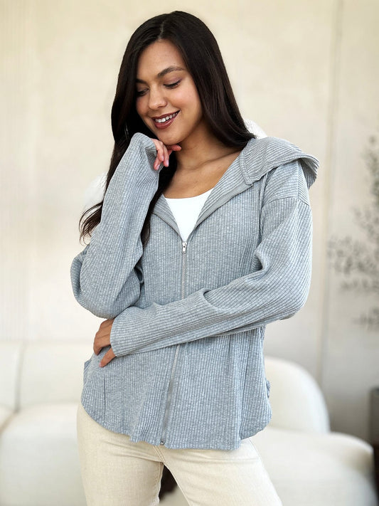 Culture Code Full Size Ribbed Zip Up Drawstring Hooded Jacket - Trendsi