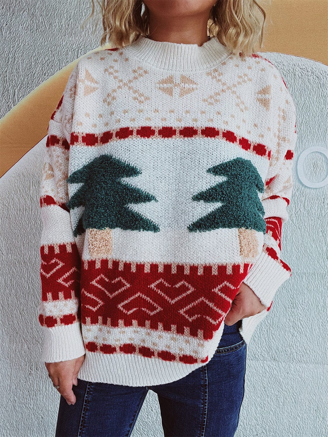 Christmas Tree Mock Neck Long Sleeve Sweater - Trendsi