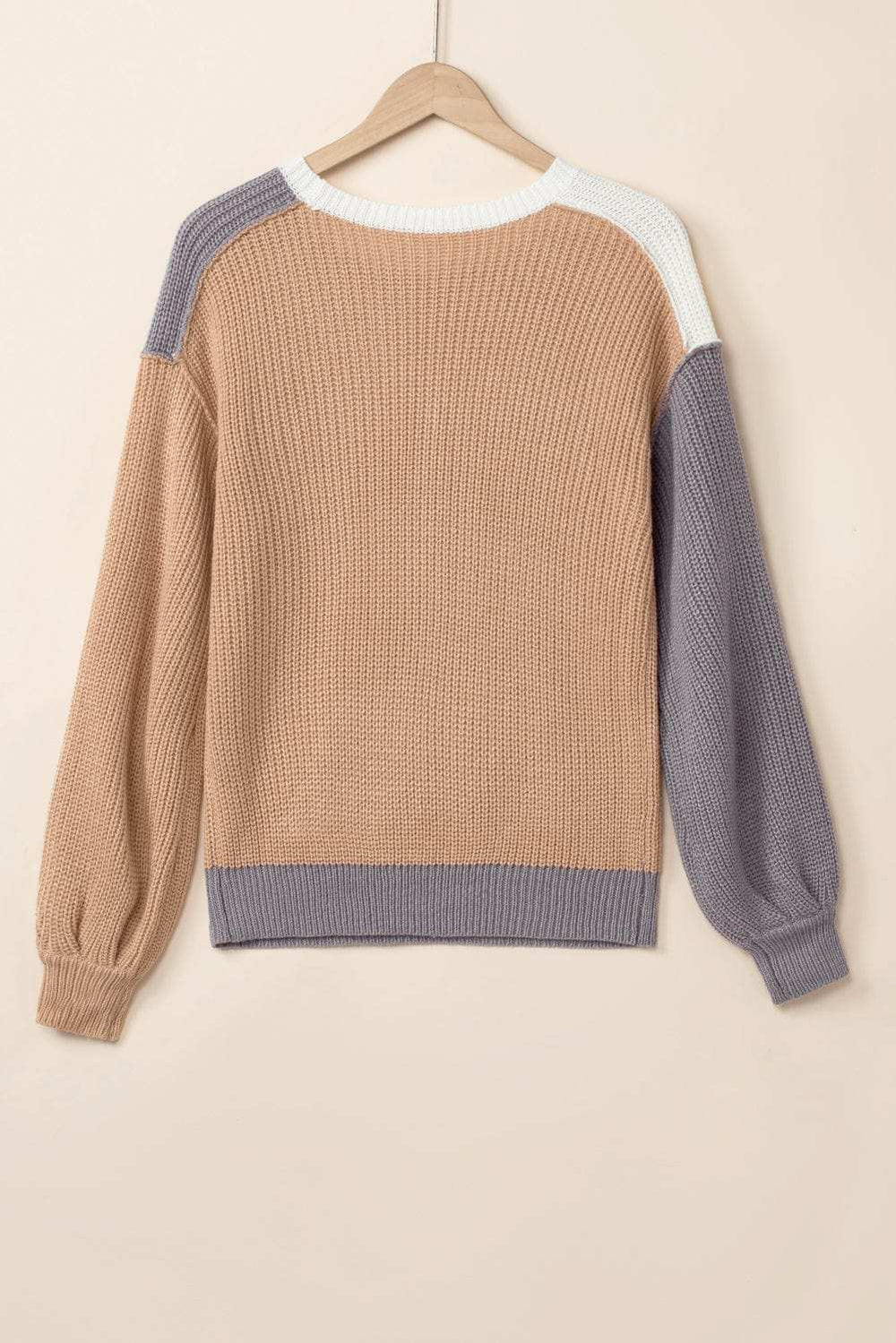 Color Block Round Neck Drop Shoulder Sweater - Trendsi - Flyclothing LLC