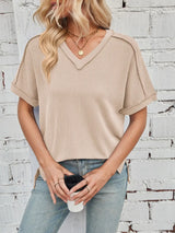 Cord Ribbed V-Neck Short Sleeve T-Shirt - Trendsi - Flyclothing LLC