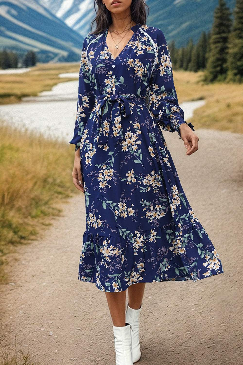 Printed Notched Lantern Sleeve Midi Dress - Trendsi - Flyclothing LLC