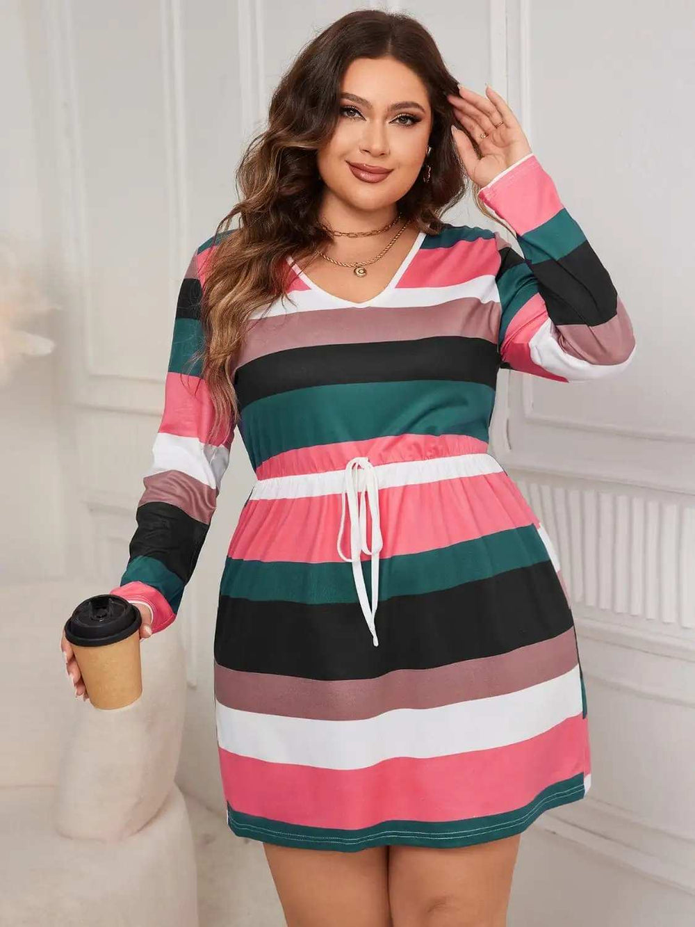 Plus Size Striped V-Neck Long Sleeve Mini Dress - Trendsi - Flyclothing LLC