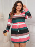 Plus Size Striped V-Neck Long Sleeve Mini Dress - Trendsi
