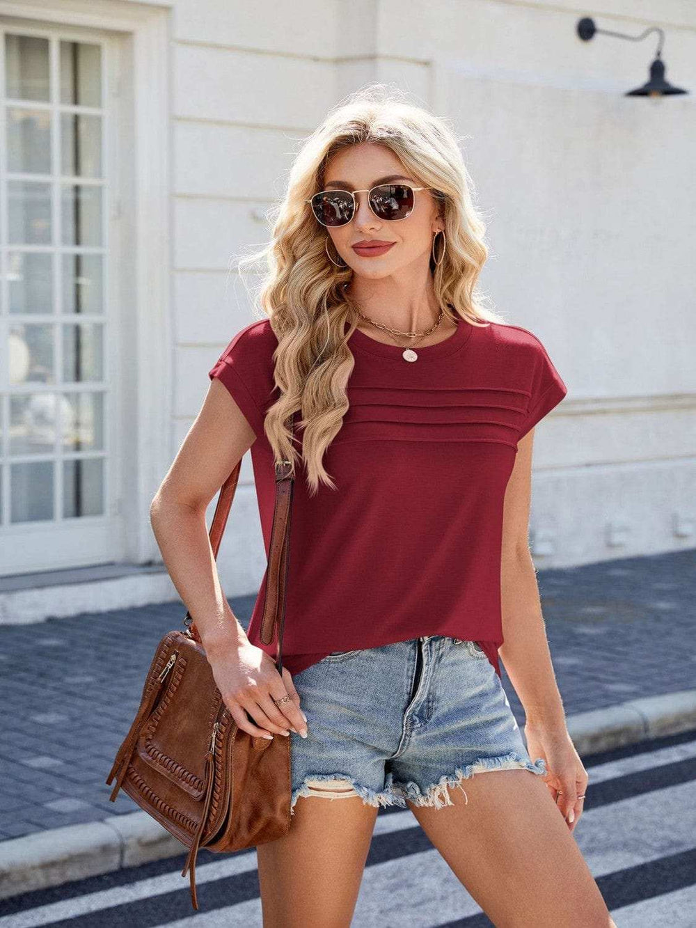 Round Neck Short Sleeve T-Shirt - Trendsi - Flyclothing LLC