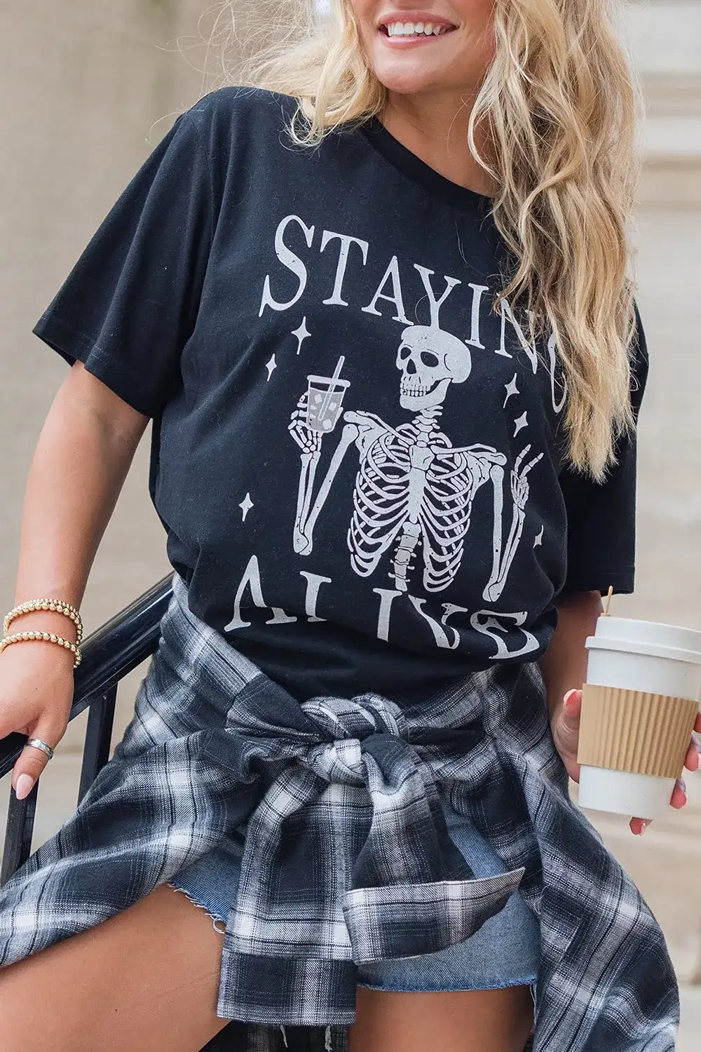 STAYING ALIVE Funny Skeleton Graphic Round Neck T Shirt - Trendsi - Flyclothing LLC
