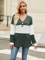 Color Block V-Neck Long Sleeve T-Shirt - Trendsi - Flyclothing LLC