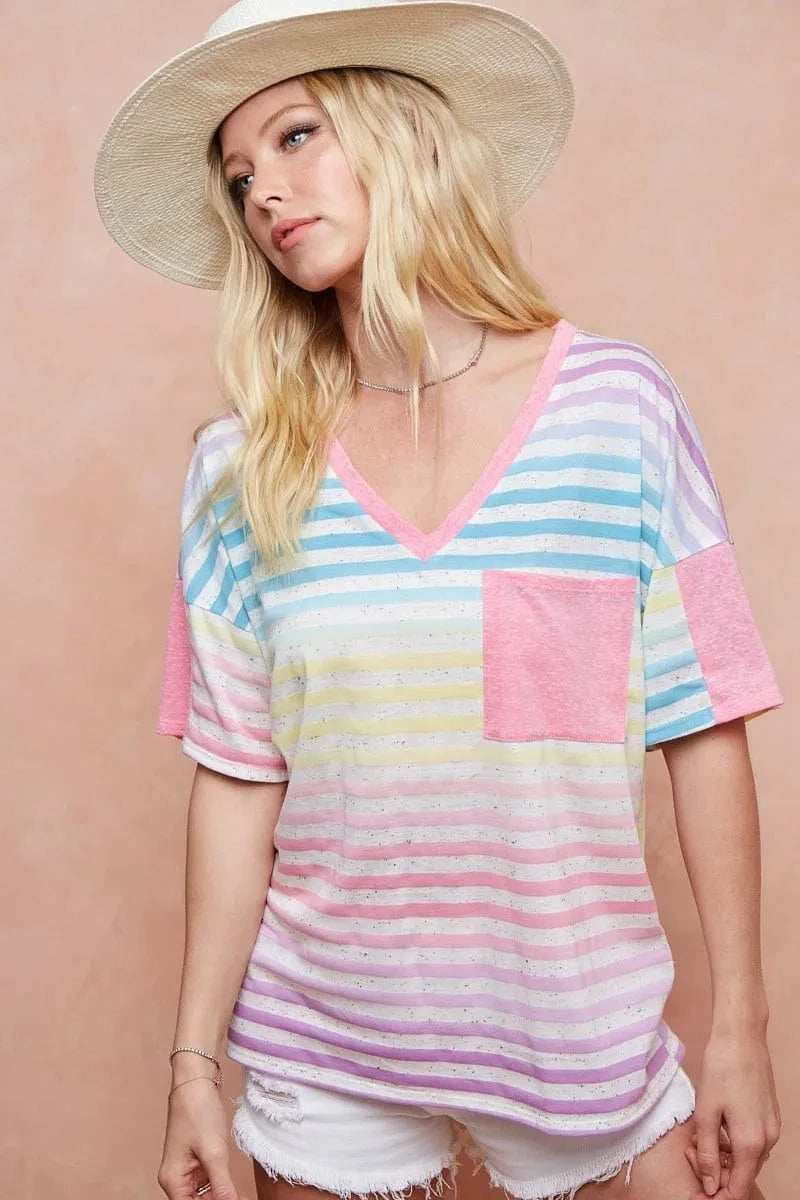 BiBi Rainbow Stripe Printed Triblend Knit Top - Trendsi - Flyclothing LLC